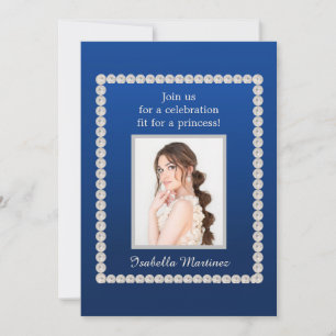 Elegant Royal Blue Quinceañera Photo Pearls Invitation