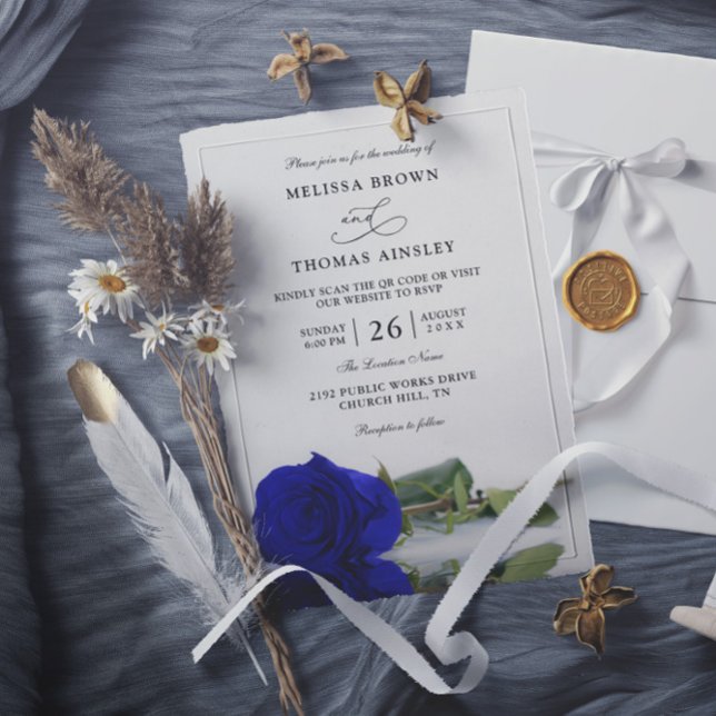 Elegant Royal Blue Rose Budget QR Code Wedding Invitation (Creator Uploaded)