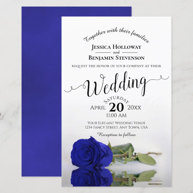 Elegant Royal Blue Rose BUDGET Wedding Invitation (Front/Back)