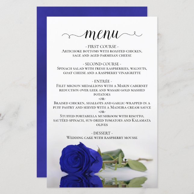 Elegant Royal Blue Rose Budget Wedding Menu (Front/Back)