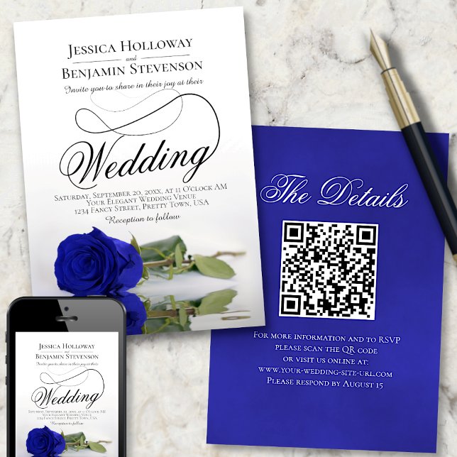 Elegant Royal Blue Rose Fancy QR Code Wedding Invitation (Creator Uploaded)