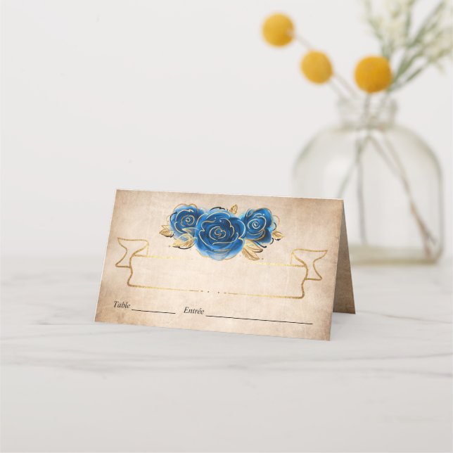 Elegant Royal Blue Rose Gold Crown Parchment Place Card (Front)