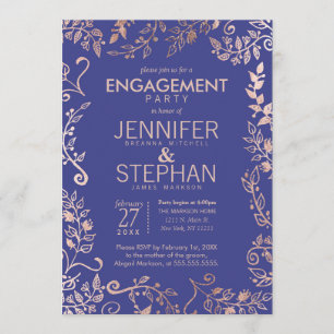 Elegant Royal Blue Rose Gold Floral Engagement Invitation