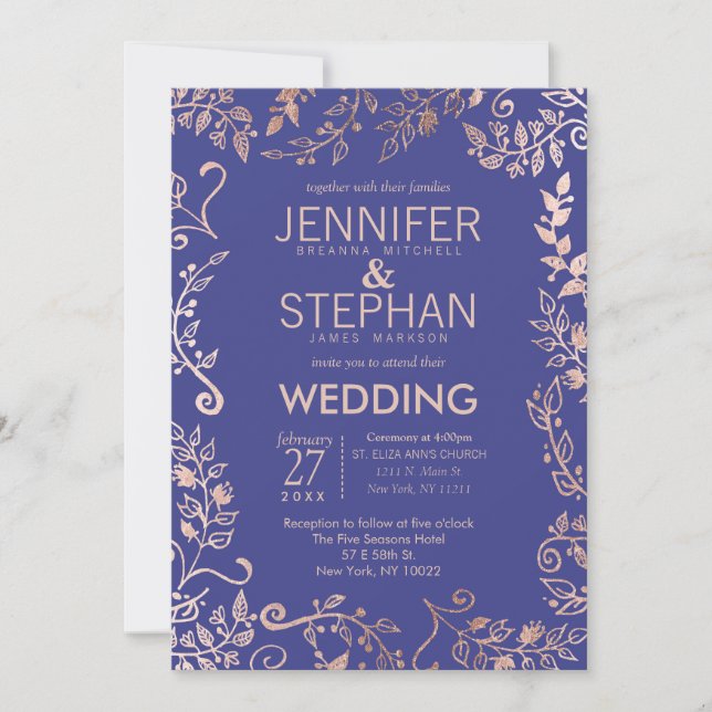 Elegant Royal Blue Rose Gold Floral Wedding Invitation (Front)