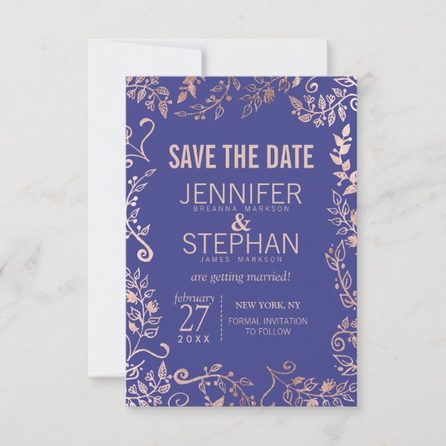 Elegant Royal Blue Rose Gold Floral Wedding Save The Date (Front)