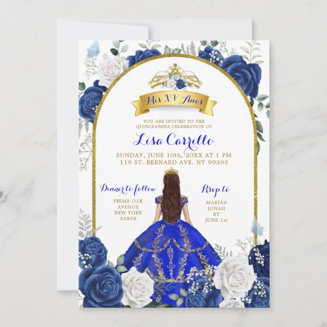 Elegant Royal Blue Rose Mis XV Anos Invitation (Front)