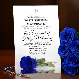Elegant Royal Blue Rose Modern Catholic Wedding Invitation