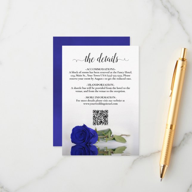 Elegant Royal Blue Rose Wedding Details QR Code Enclosure Card (Front/Back In Situ)