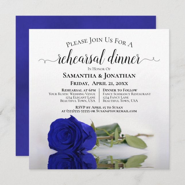 Elegant Royal Blue Rose Wedding Rehearsal & Dinner Invitation (Front/Back)