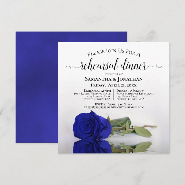 Elegant Royal Blue Rose Wedding Rehearsal & Dinner Invitation (Front/Back)