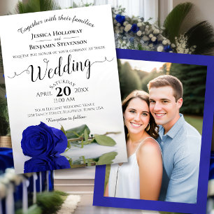 Elegant Royal Blue Rose with Photo Wedding Invitation