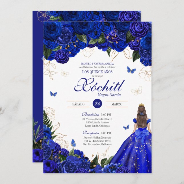 Elegant Royal Blue Roses Butterfly Quinceañera Inv Invitation (Front/Back)