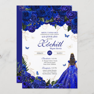 Elegant Royal Blue Roses Butterfly Quinceañera Invitation