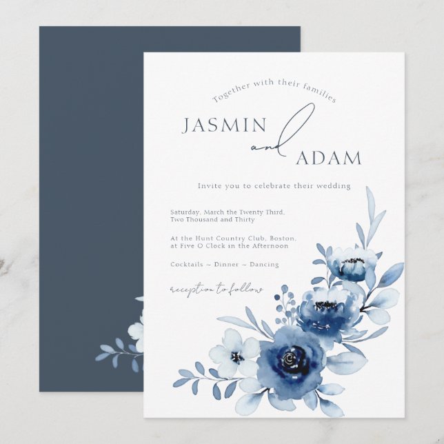 Elegant Royal Blue Roses Floral Wedding Invitation (Front/Back)