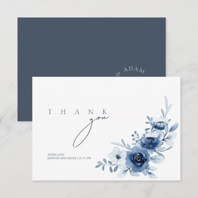 Elegant Royal Blue Roses Floral Wedding Thank You Card (Front/Back)