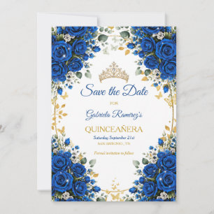 Elegant Royal Blue Roses Golden Quinceañera Save The Date