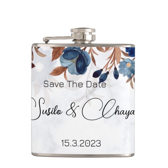 elegant Royal Blue Rustic  modern savethedate.  Hip Flask (Front)