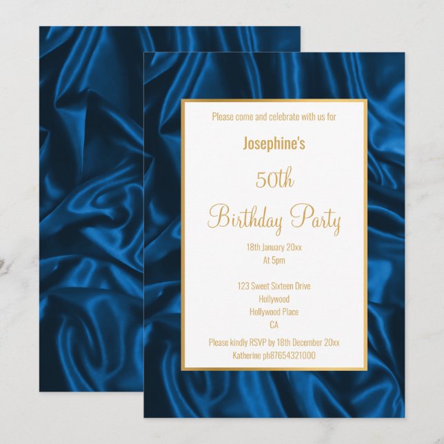 ELEGANT ROYAL BLUE SATIN BIRTHDAY INVITATION (Front/Back)