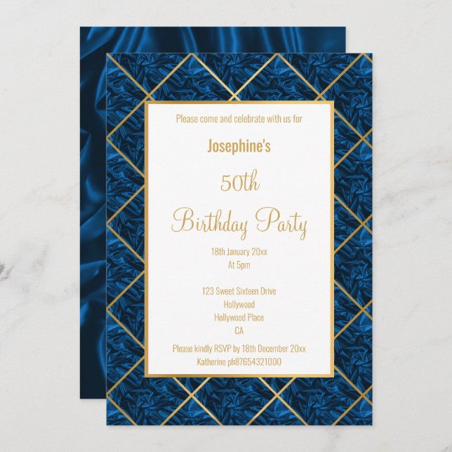 ELEGANT ROYAL BLUE SATIN GOLD BIRTHDAY INVITATION (Front/Back)