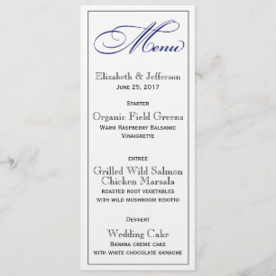 Elegant Royal Blue Script Wedding Menu Card