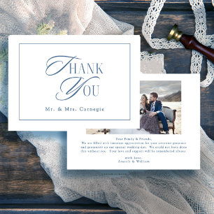 Elegant Royal Blue Script Wedding Photo Thank You Card