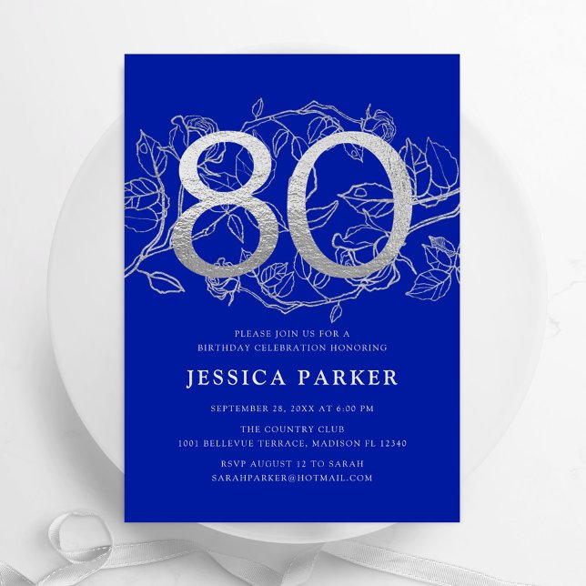 Elegant Royal Blue Silver 80th Birthday Invitation (Creator Uploaded)