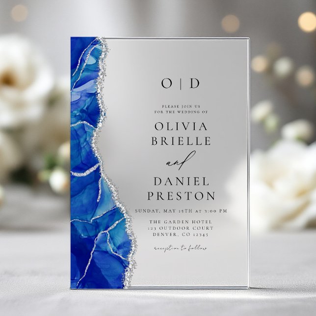 Elegant Royal Blue Silver Agate Wedding Monogram Acrylic Invitations (Creator Uploaded)