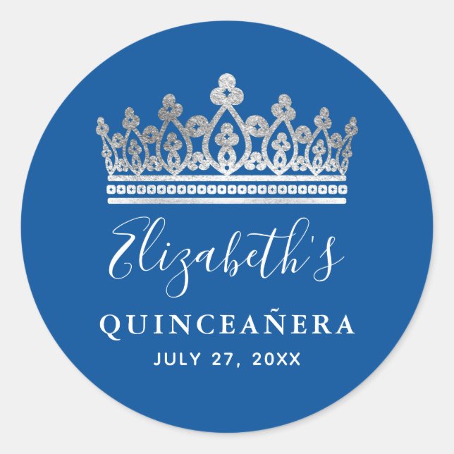 Elegant Royal Blue Silver Crown Quinceanera Classic Round Sticker (Front)