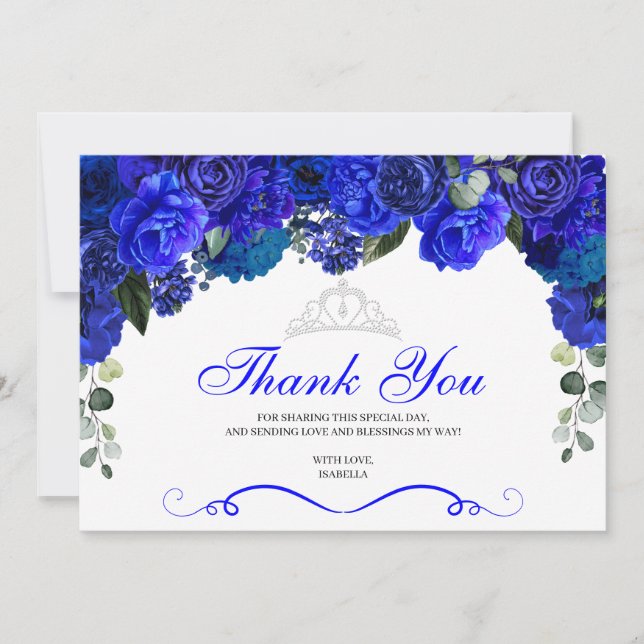 Elegant Royal Blue Silver Floral Quinceanera Thank You Card (Front)