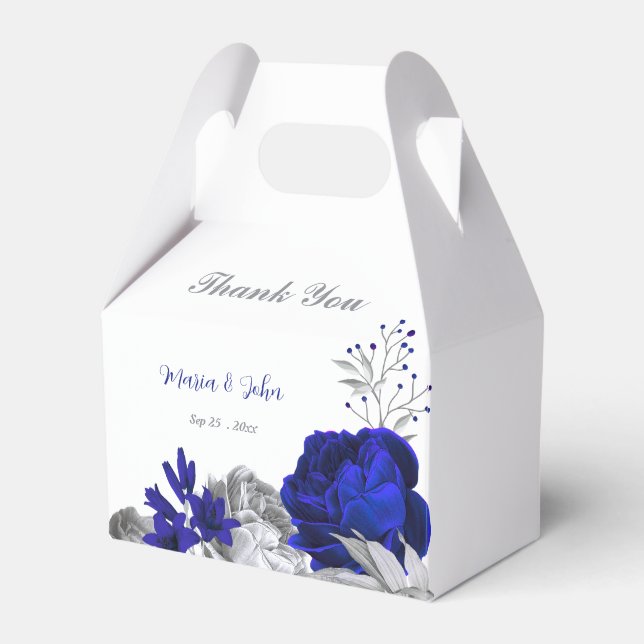 elegant royal blue silver flowers wedding favour box (Front Side)