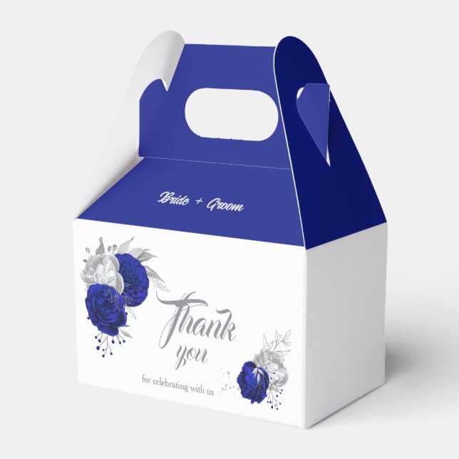 elegant royal blue silver flowers wedding favour box (Front Side)