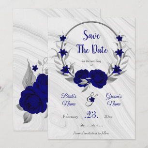 elegant royal blue silver grey floral save the dat date