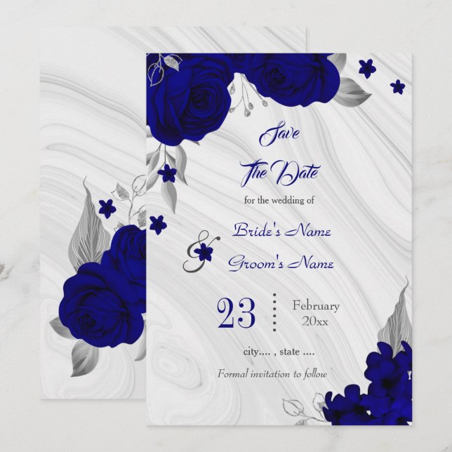 elegant royal blue silver grey floral save the date (Front/Back)