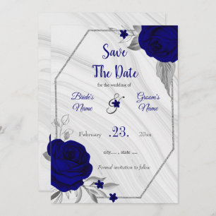 elegant royal blue silver grey floral save the date