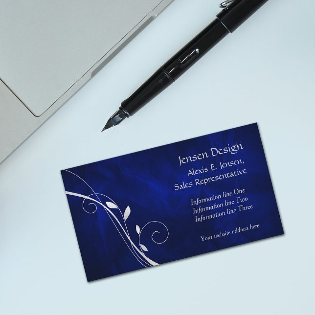 Elegant Royal Blue Silver Leaf Swirl Business Card (Creator Uploaded)