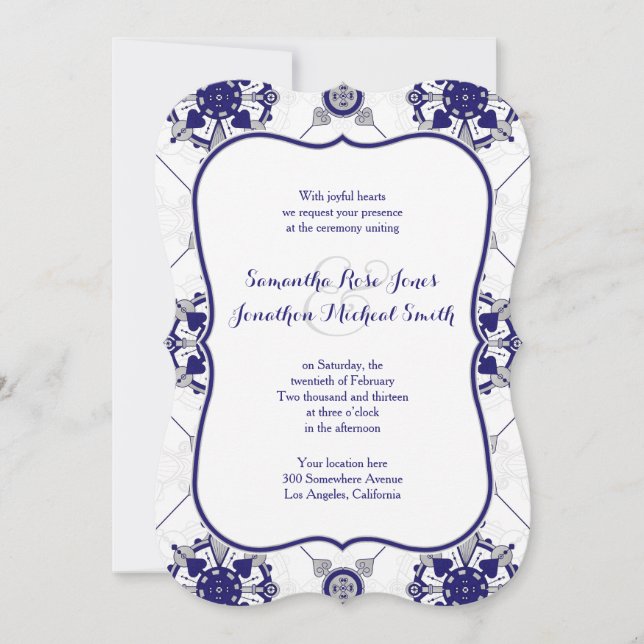 Elegant Royal Blue Silver Medallion Print Wedding Invitation (Front)