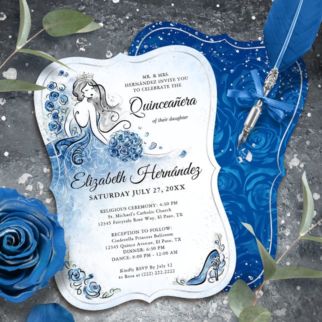 Elegant Royal Blue Silver Princess Quince Birthday Invitation (Royal blue and silver princess invitations to bring a touch of fairy tale magic to your quince.)