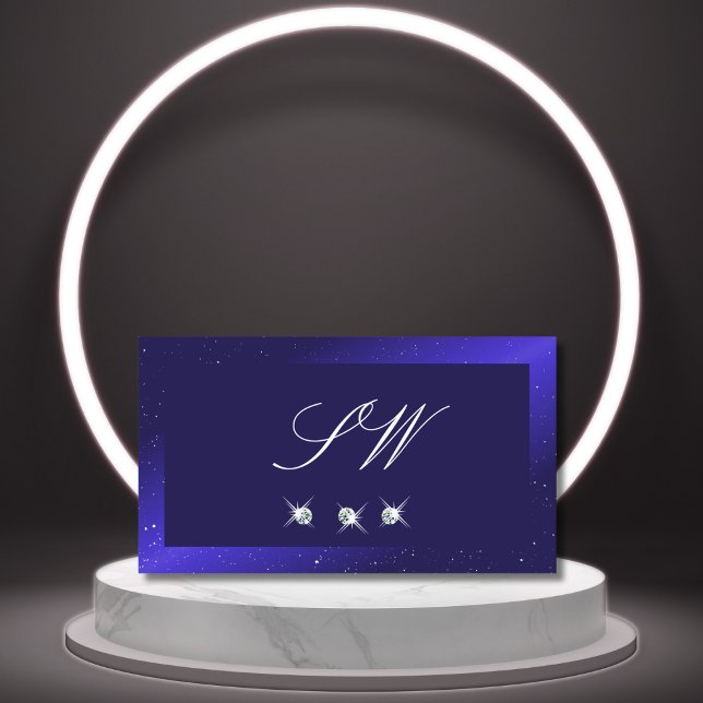Elegant Royal Blue Sparkling Diamonds and Monogram Business Card (Creator Uploaded)