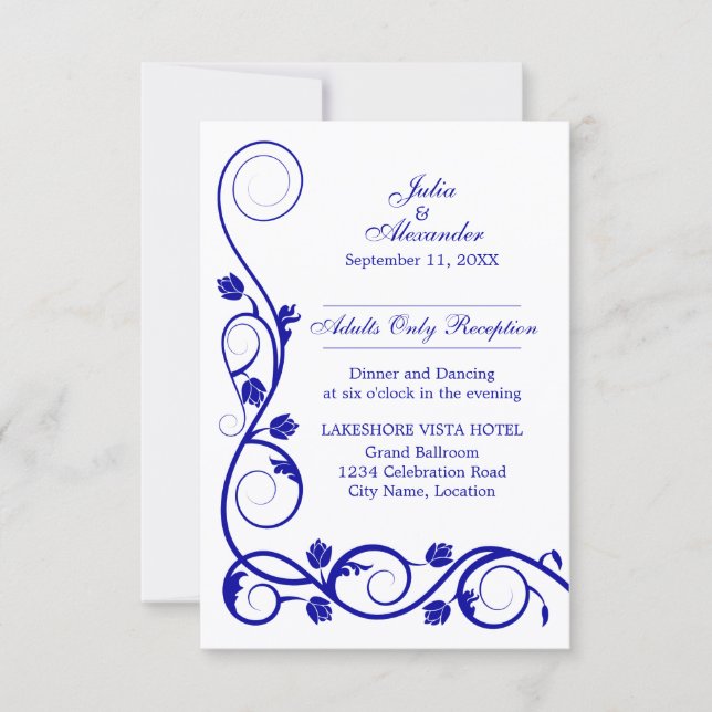 Elegant Royal Blue Swirls Reception Invitation (Front)