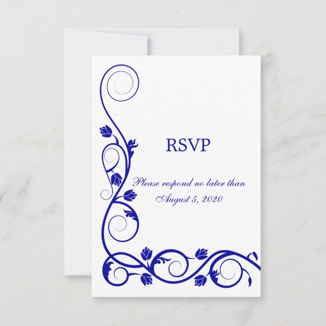 Elegant Royal Blue Swirls RSVP Card (Front)