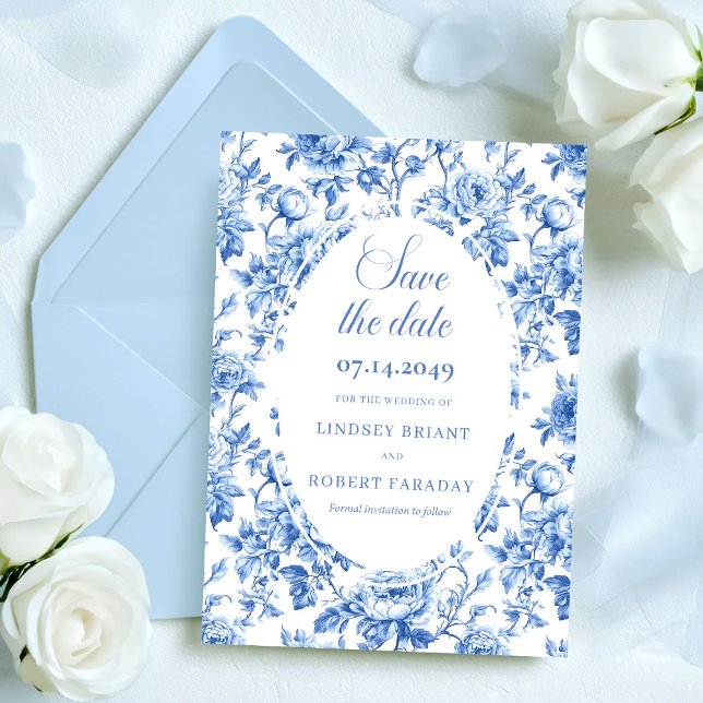 Elegant Royal Blue Toile Save the Date Wedding Car Announcement (Elegant Royal Blue Toile Save the Date Wedding Card)