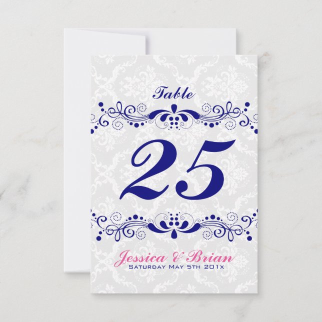 Elegant Royal-Blue Tones Floral Lace White Damasks Invitation (Front)