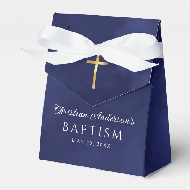 Elegant Royal Blue Watercolor Baptism Boy Favour Box (Front Side)