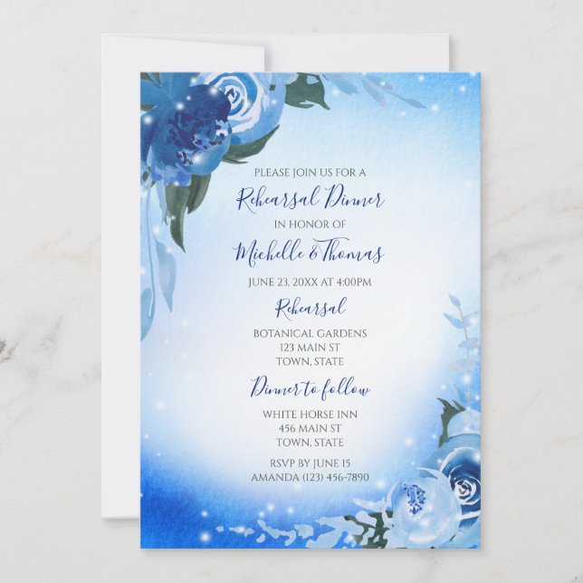 Elegant Royal Blue Watercolor Floral Greenery Invitation (Front)