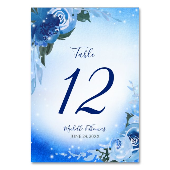 Elegant Royal Blue Watercolor Floral Greenery Table Number (Front)