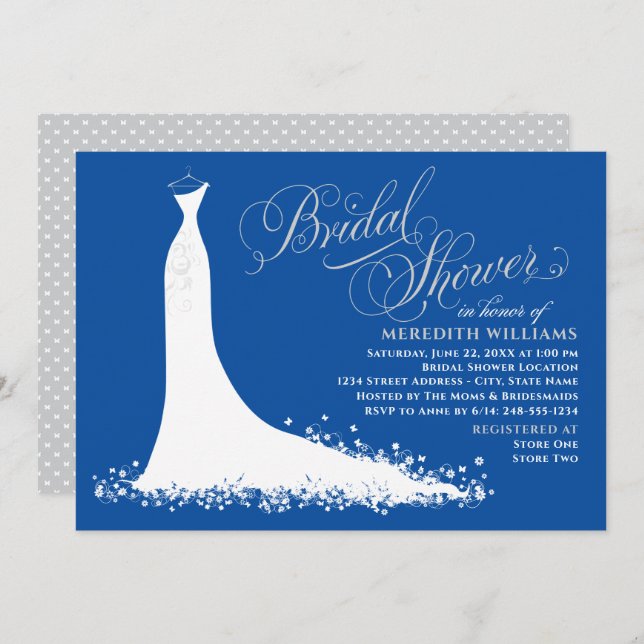 Elegant Royal Blue Wedding Gown Bridal Shower Invitation (Front/Back)