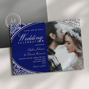 Elegant Royal Blue Wedding Invitation with Photo