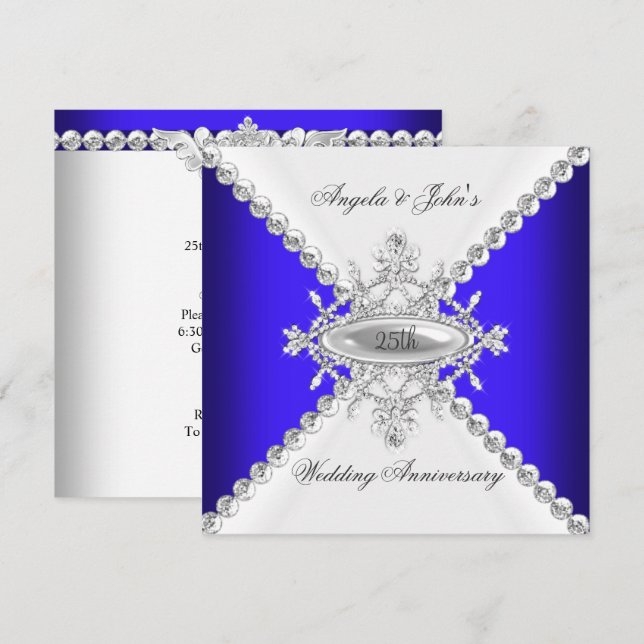 Elegant Royal Blue White 25th Wedding Anniversary Invitation (Front/Back)