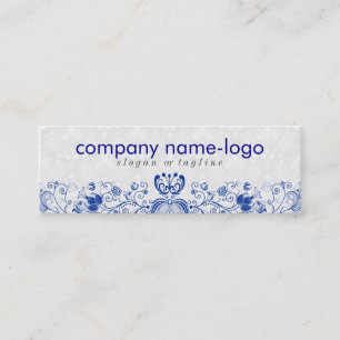 Elegant Royal Blue & White Floral Damask & Swirls Mini Business Card