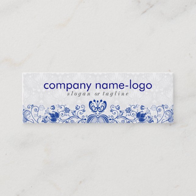 Elegant Royal Blue & White Floral Damask & Swirls Mini Business Card (Front)